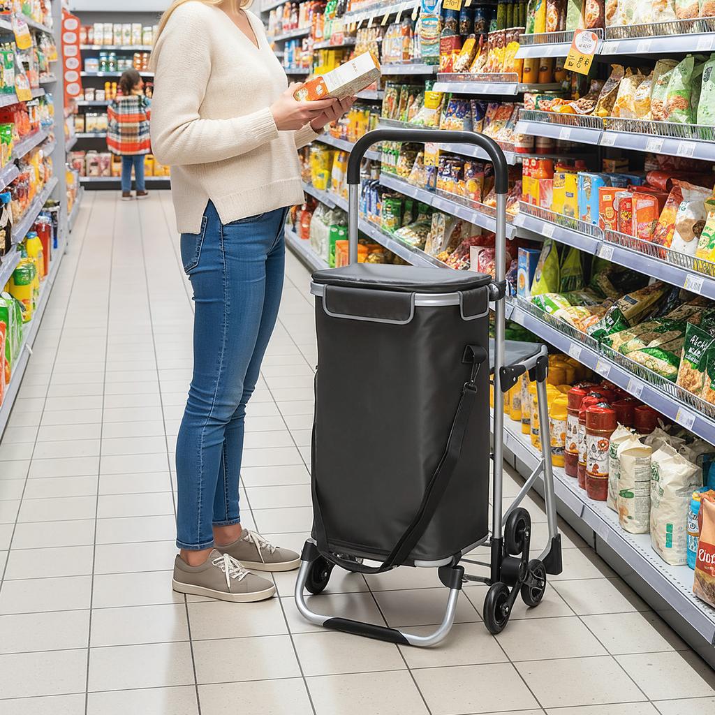 Chariot de courses 3-en-1 Pliable avec Siège Capacité 40L Gris Foncé