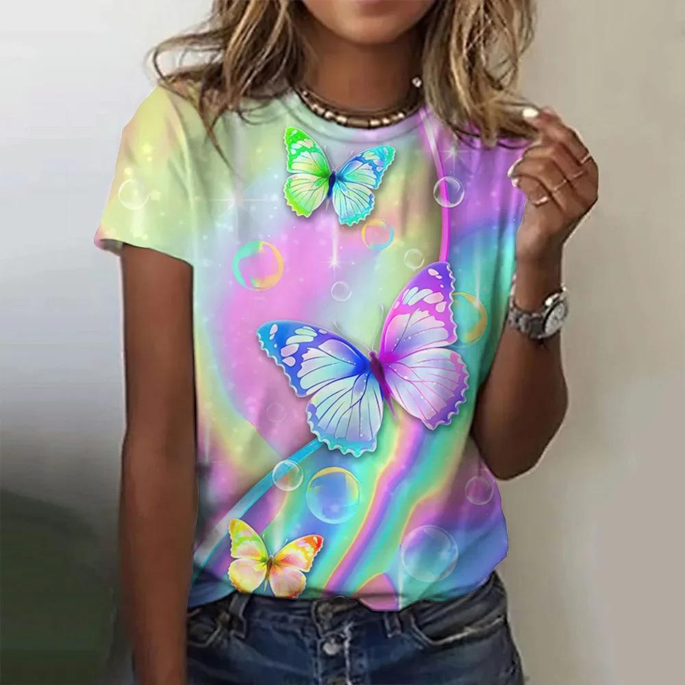 

Fashionable women s T-shirt with colorful butterfly print top, 3D digital print for summer comfort 2861 6XL