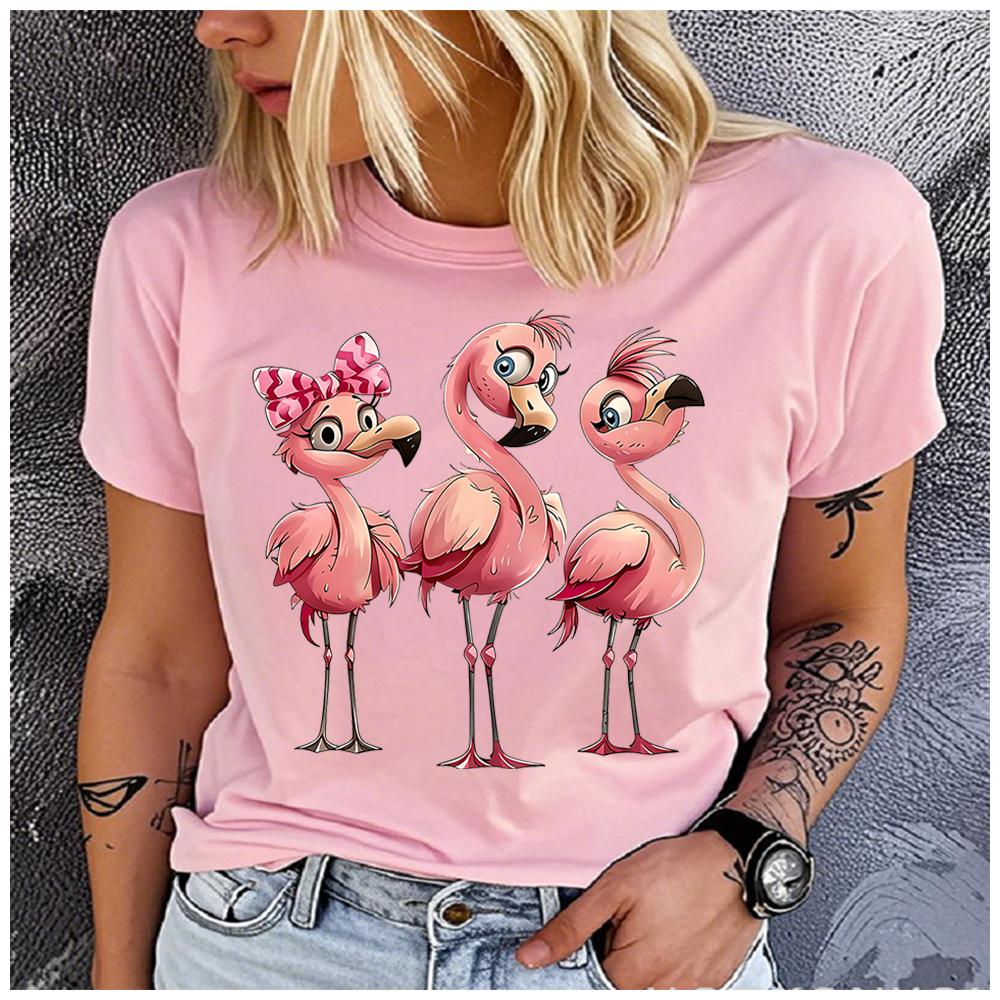 Unisex Womens Cotton Cartoon Flamingo Print Tshirt Loose Round Neck Casual Short Sleeve Fashion Top Clothing Summer
