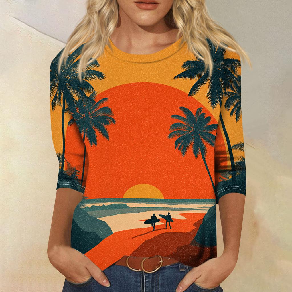 Women's Fashionable Casual Round Neck Three-quarter Sleeve Hawaiian Print T-shirt Top