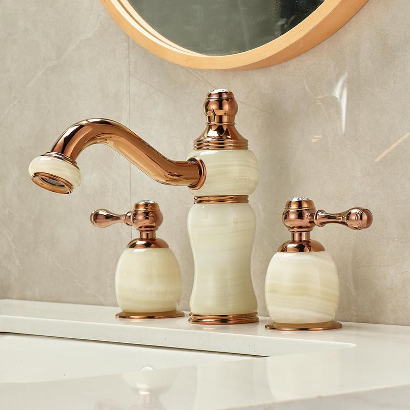 Basin Faucet Gold Brass Jade Bathroom Sink Faucet 3 Hole Widespread Basin Mixer Double Handle Hot And Cold Water Tap New Arrival