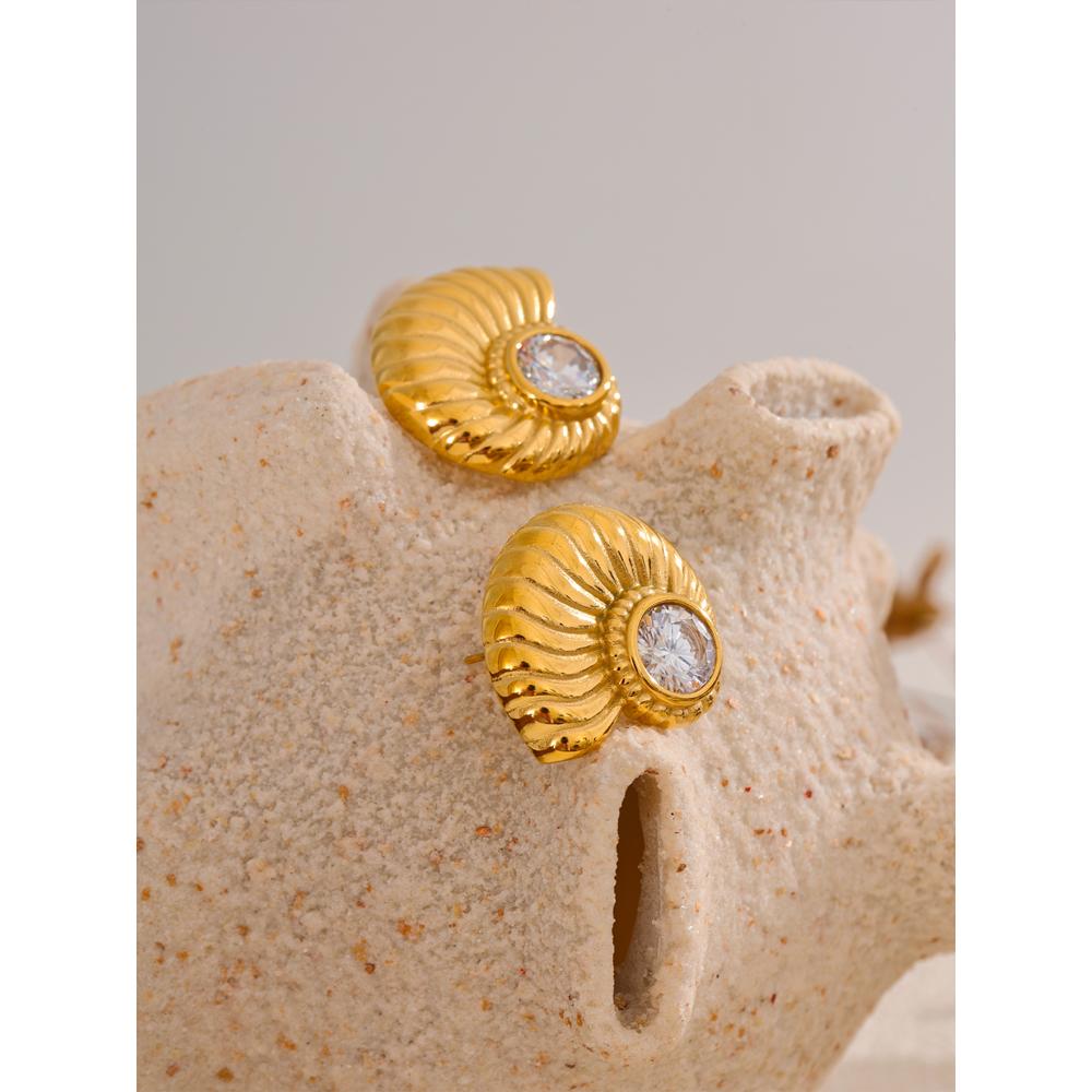 Yhpup Summer Metal Striped Shell Cubic Zirconia Stud Earrings 18K Gold Color Plated Stainless Steel High Quality Daily Jewelry