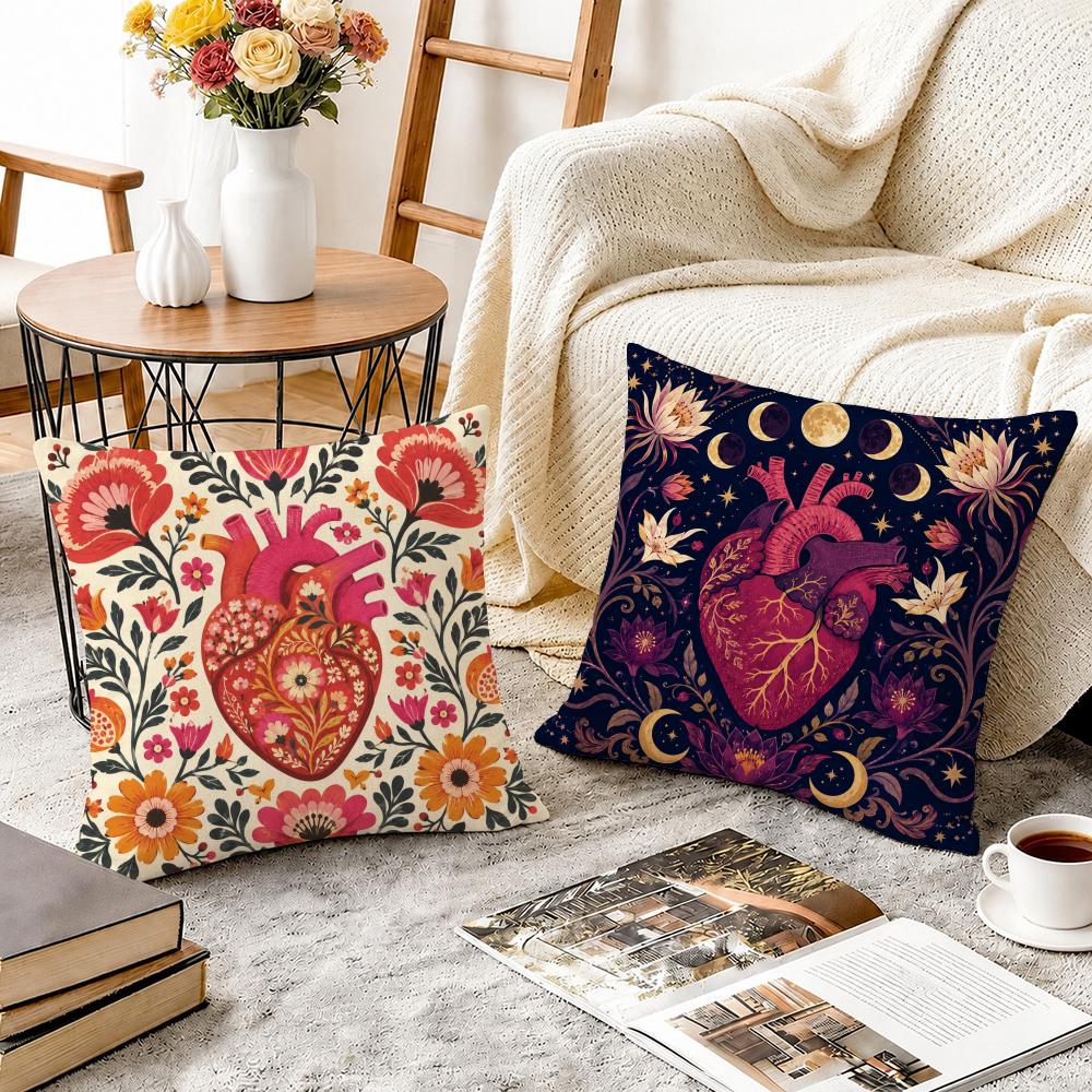 Anatomical Heart Maximalist Floral Art Cushion Cover Durable Hypoallergenic Organic Linen Pillow Cover Washable Skin-Friendly
