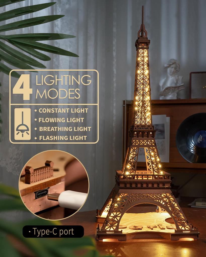 Rolife 3D Puzzle for Glowing Eiffel For LED 4 Interior Handmade Electronic Craft Assembly Birthday Gift Adults, Tower, 53cm, 164pcs, Beginners,