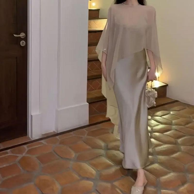 1 pieza Telas de gasa Capa de tul de moda Simple Asimétrica Nuevo Primavera y Verano para Mujer Europa y Estados Unidos Viento