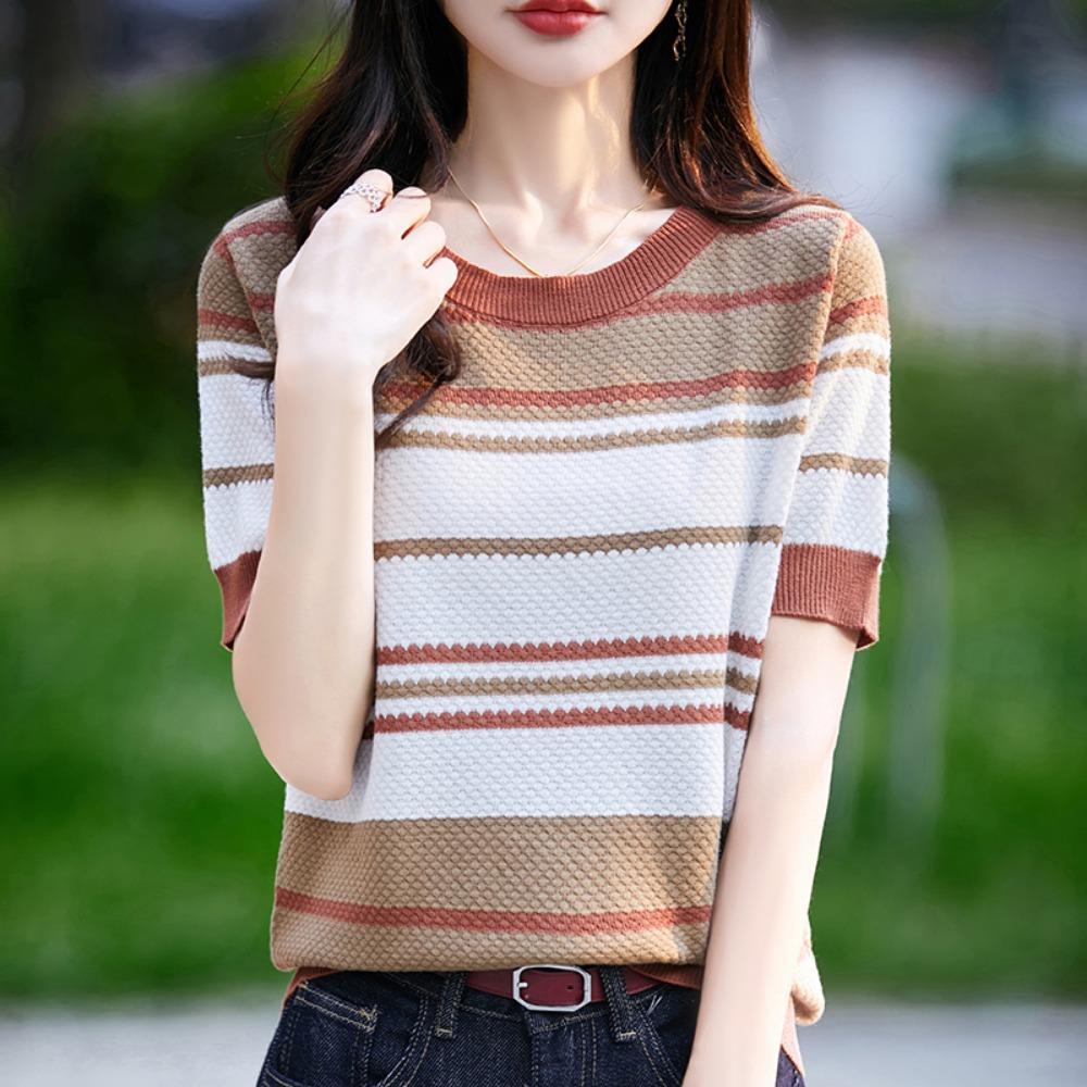 Women's T-shirt Summer New Short-sleeved Striped Knitted Fashion Round Neck Women's Blouse Loose Soft Pullover