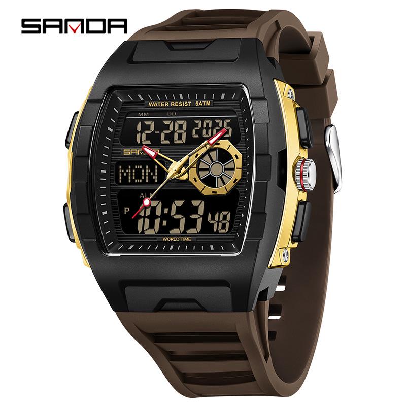 SANDA Barrel-Shaped Men's Watch: Dual Display, 50M Waterproof, Luminous, World Time, Stylish & Versatile