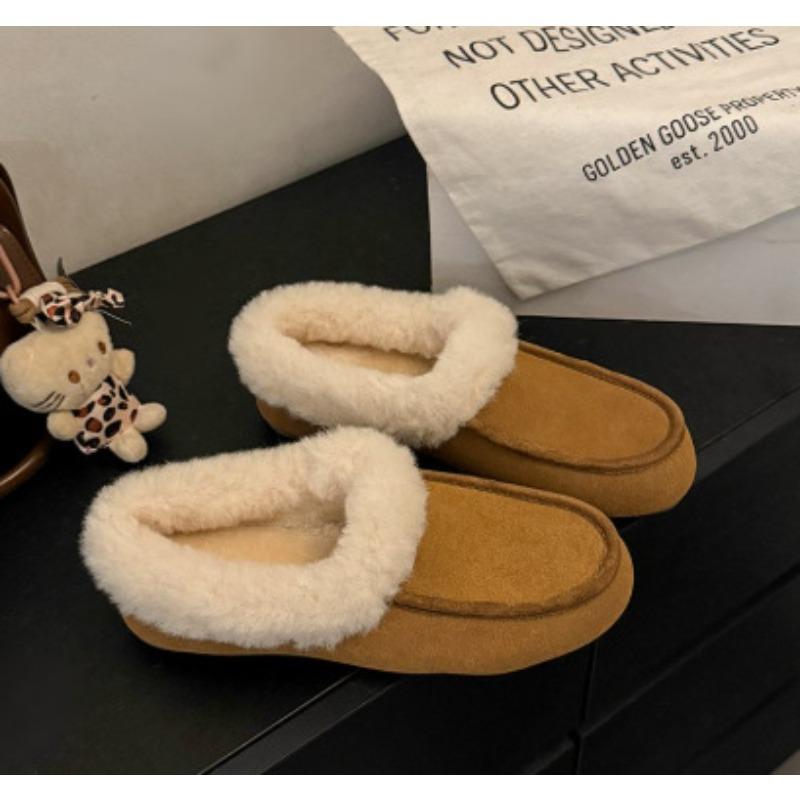 Flat-bottomed warm shoes for women, fur integrated slippers for women, lazy shoes for women in autumn and winter
