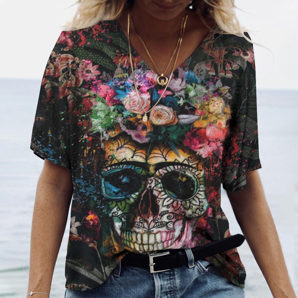 Summer V-neck 3D Skull Rose Print Top Fashionable Casual Short Sleeved Women's T-shirts