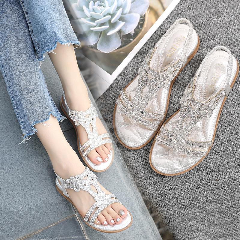 Sandali piatti con strass bohémien Yasrun - Comode scarpe estive da donna