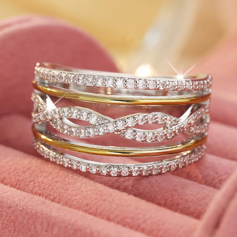 Sparkling Inlaid White CZ Women's Ring Trendy Two Color Geometry Daily Wear Party Jewelry Anniversary Gift