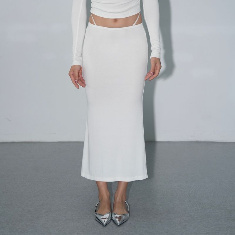 

Aolol Classic Black Slit Skirt Fashion Sexy High Waist Large Elastic Low Waist Bodycon Dress White M