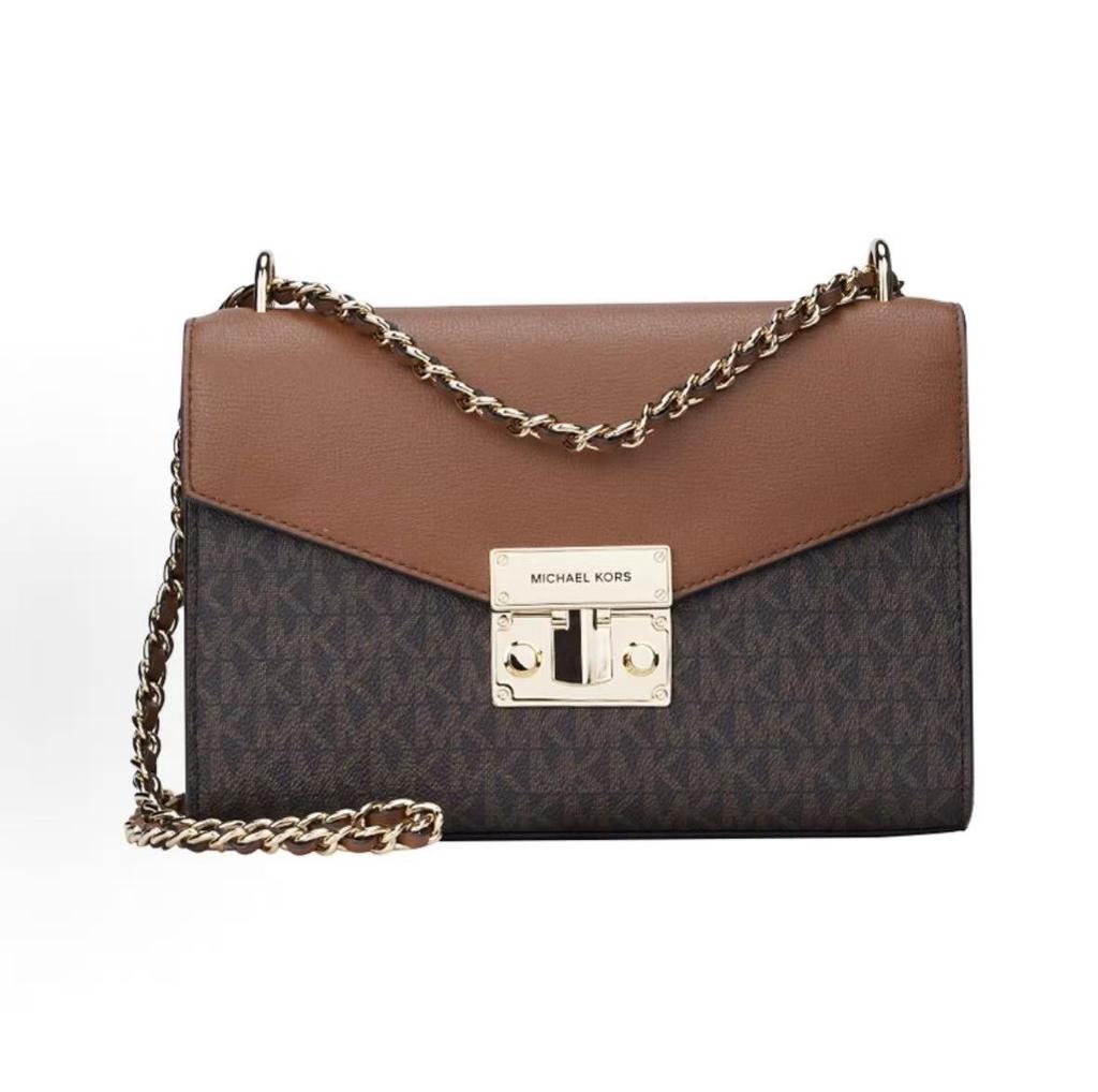 Michael Kors MK Rose Chain Logo Flap Leather Shoulder Bag Medium Women Shoulder Bag Dark-Brown 35T0GXOL2B-200
