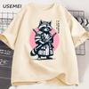 Fight Me Coward Vintage Samurai Raccoon T Shirt Japanese Cat Funny Graphic T-shirt Cotton Short Sleeve O Neck Tees Mens Clothing