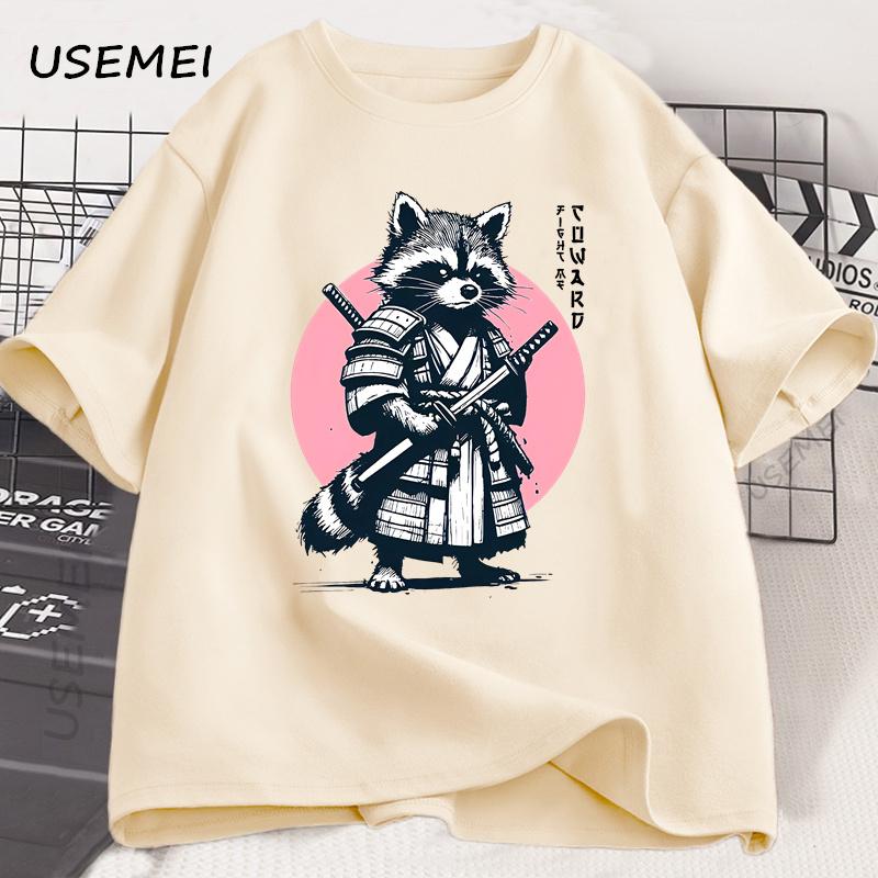 Fight Me Coward Vintage Samurai Raccoon T Shirt Japanese Cat Funny Graphic T-shirt Cotton Short Sleeve O Neck Tees Mens Clothing