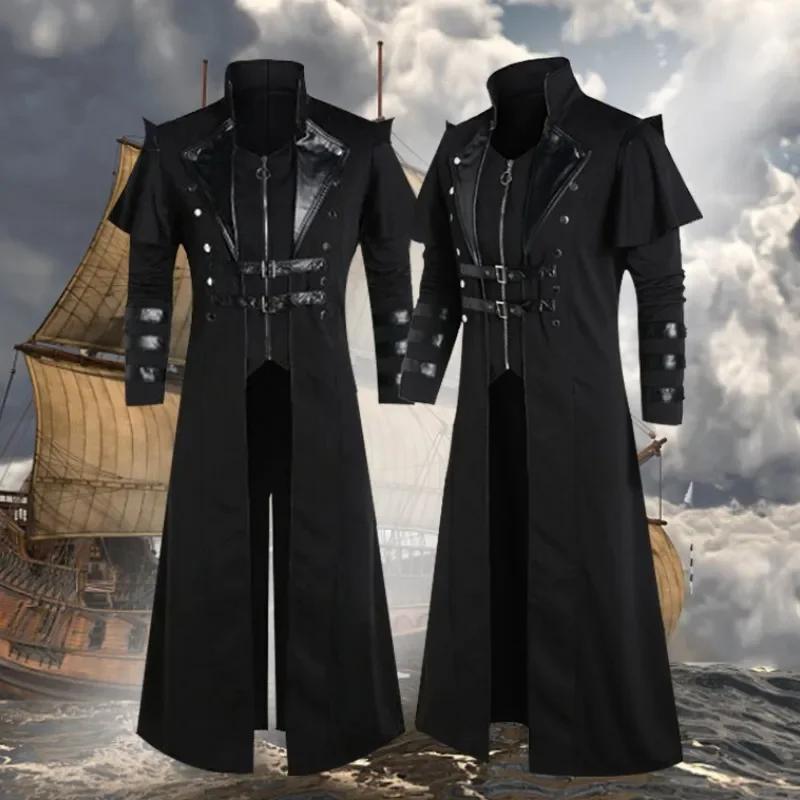 Vintage Halloween Medieval Steampunk Elves Pirate Costume Adult Men Black Long Split Jacket Gothic Armor PU Leather Coats