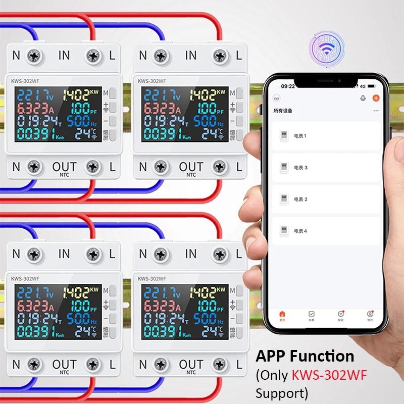 KWS-302 8 In1 Power Meter AC Digital Display Multifunctional Rail Voltage and Current Meter 170-300V/63A Ammeter Voltmeter