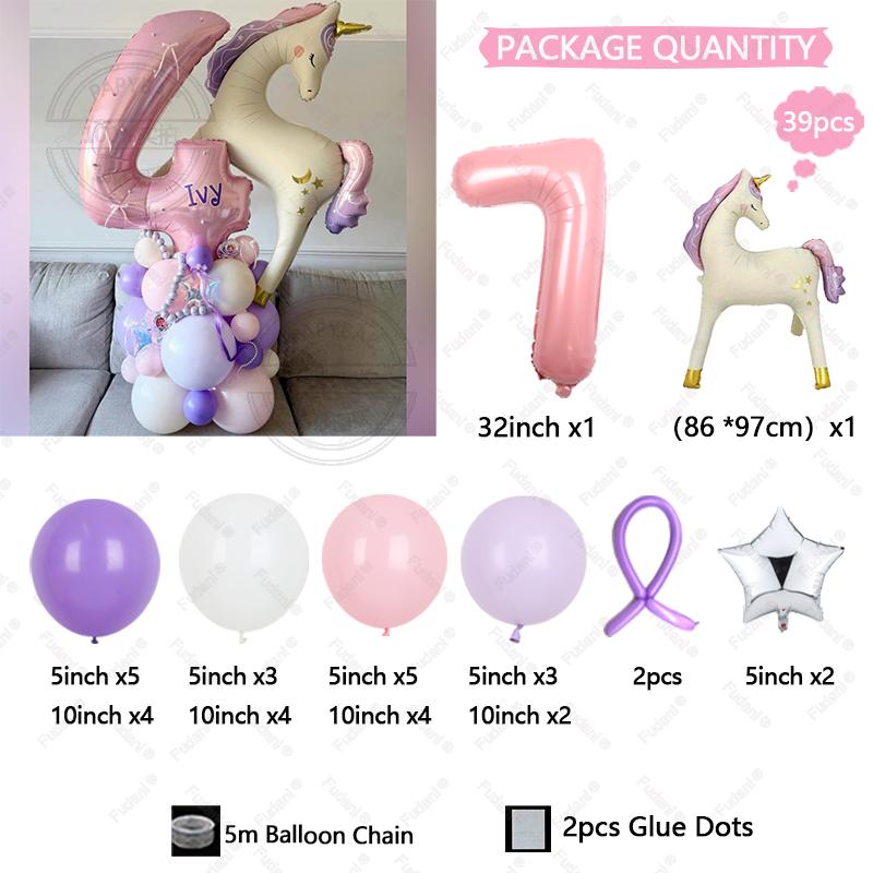 39pcs Cartoon Unicorn Balloon Pink Numbers 1-9 Birthday Balloon Set Cartoon Animal Theme Party Decoration Photo Background