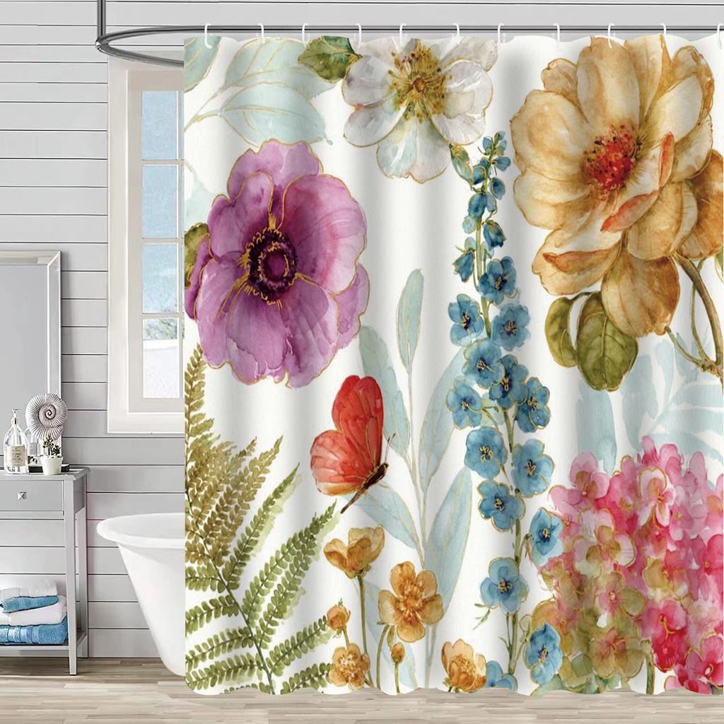 European Flowers, Birds, Plants Bath Curtains Waterproof Shower Curtain 3D Printing Bathroom Decoration with Hook Bath Screen