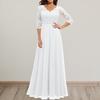 Women V-neck 3/4 Sleeve Gown Dress Crochet Lace Mesh Stitching High Waist A-Line Maxi Dress Backless Solid Color Long Dress
