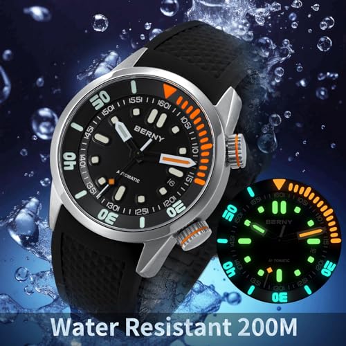 BERNY Mens Watch Mechanical Automatic Diving 20ATM Water Resistant Sapphire Glass Comfortable Silicone Band Ultra High Brightness Luminous Manual