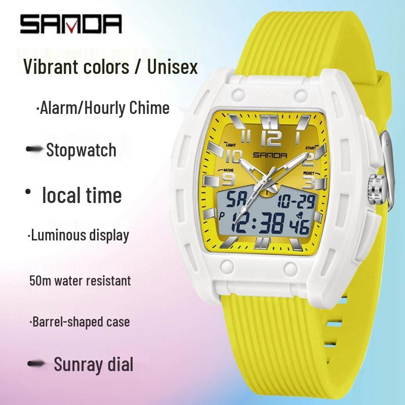 SANDA Men's Waterproof Luminous Sports Watch - Countdown & Multifunctional Barrel-Shaped Electronic Watch with Large Dial