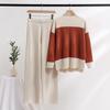 2-teiliges Pullover-Set für Damen, Farbblock, locker gestrickt, Pullover, Oberteil, weite Hose, Lounge-Set, passende Sets, Herbst-/Winter-Reise-Outfits, Trainingsanzug für Frauen