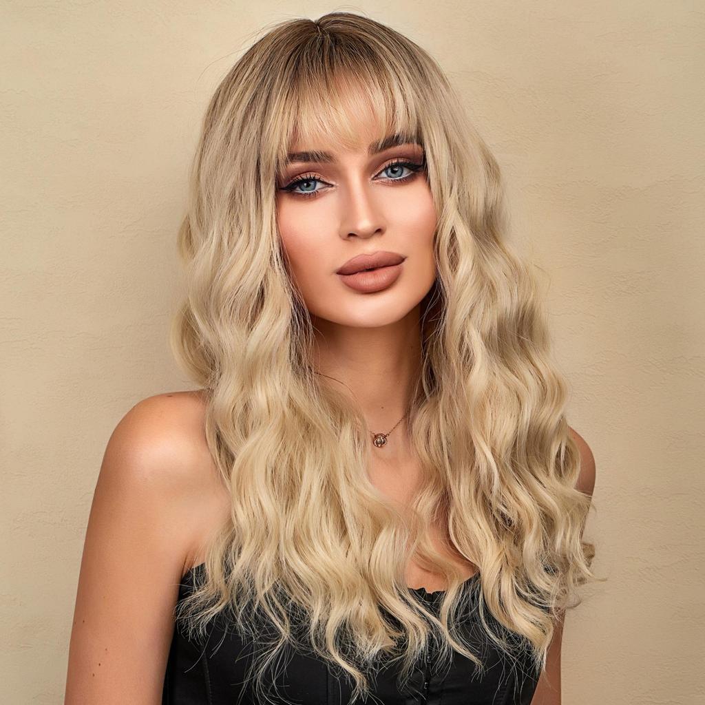 Synthetic Ombre Brown To Light Blonde Hair Wig with Bangs Natural Wavy Wig for Women Cosplay Heat Resistant Fiber Wigs