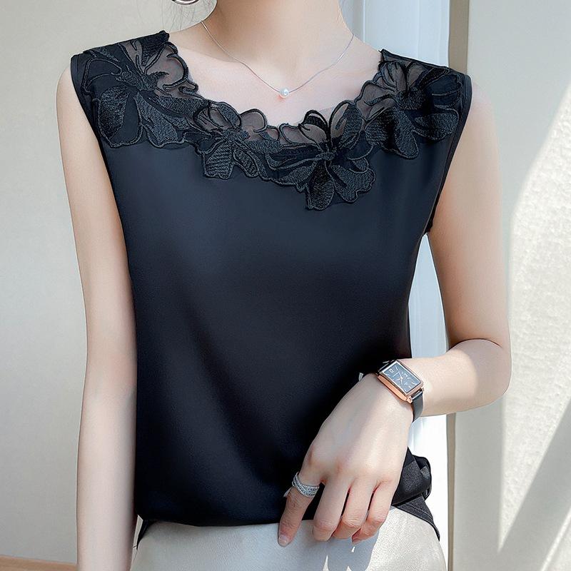 Silk T-shirt for Women Spring and Summer Round Neck Sleeveless Vest T-shirt Mesh Splicing Top Versatile Bottoming Shirt