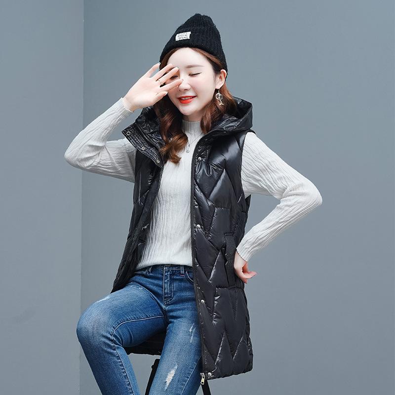 Outono e inverno feminino cor sólida com capuz solto espessamento quente meados de comprimento sem mangas colete jaqueta feminina