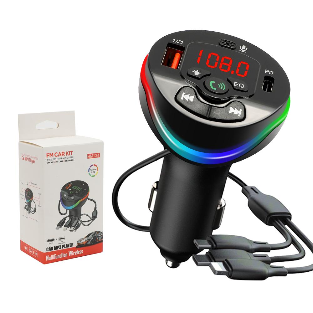 Bluetooth 5.0 Car FM Transmitter Modulator Hands-free Call MP3 Player USB PD Quick Charger 66W With 3in1 Cable for IPhone Huawei