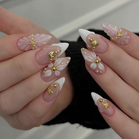 24 Pcs 3d Shell Starfish Press on Nails Ocean Long Stick-On Fake Nails Almond French
