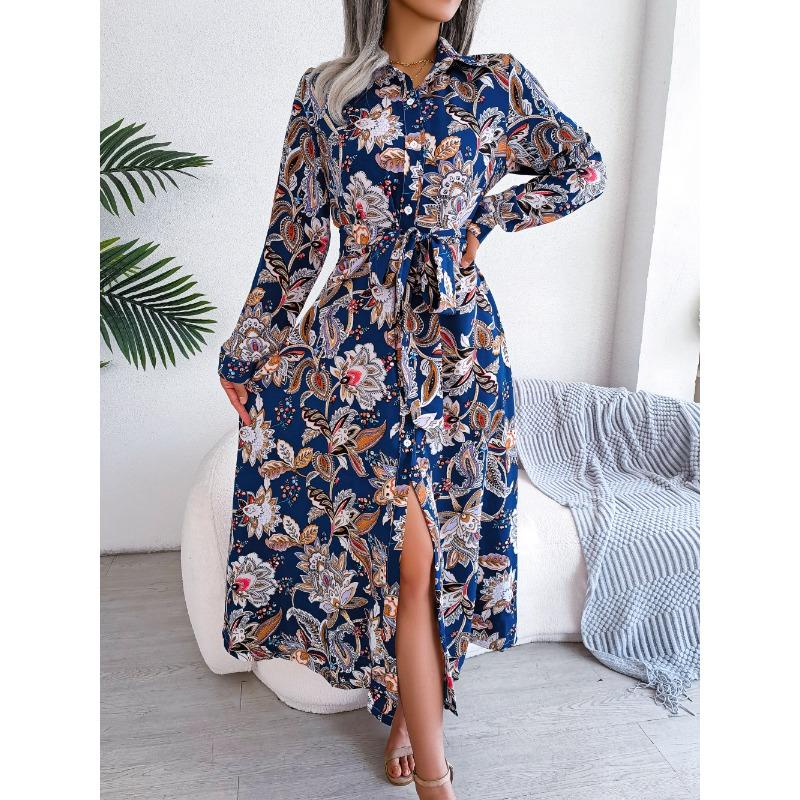 Women's Long Dress Summer Long Sleeve Vintage Floral Lapel Tied Shirt Dress Women Fashion Single Breasted Loose Casual Office Ladies Dresses