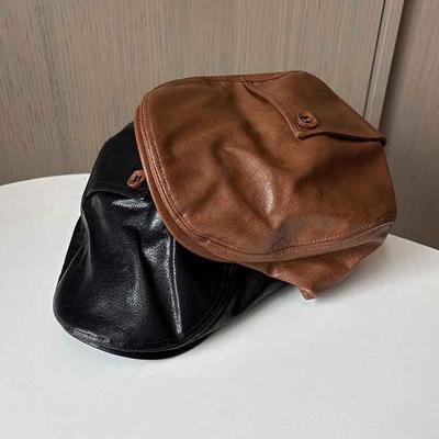Early Autumn Big Head Circumference Pu Reverse Wear Forward Hat Men And Women Hong Kong Style Painter Hat British Retro Beret Hat