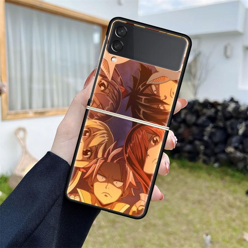 Luxus tok Samsung Galaxy Z Flip 4 3 5G-hez, fekete PC kemény telefontok, divatos hátlap, ZFlip Funda, FAIRY TAIL, anime, kagylózsák
