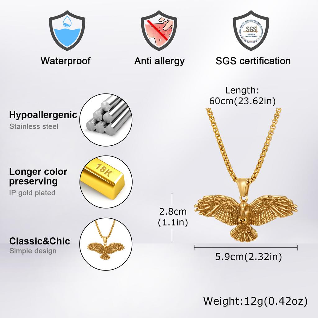 Punk Eagle Necklace for Men,Gold Silver Color Stainless Steel Eagle Pendant Necklace,Birthday Hip Hop Jewelry Gift