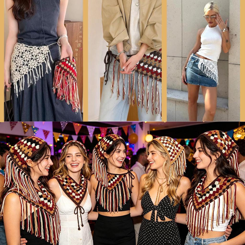Bohemian Crochet Tassel Waist Scarf Adjustable Fringe Layering Accessory for Women