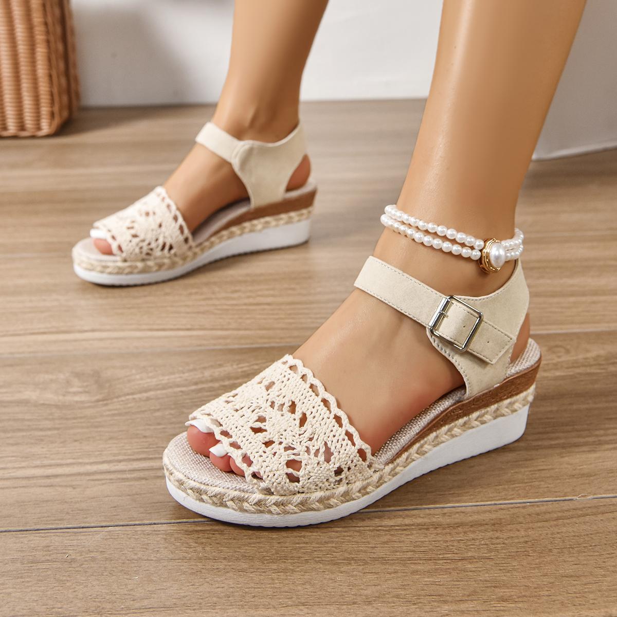 Sandals Women Braided Espadrille Knot Button Ankle Strap Wedge Sandals Linen Wedge Summer Platform Espadrilles Shoes for Women 36