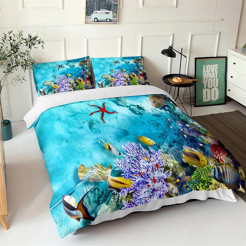 Comforter Ocean Blue Sea Fish 3D Printed Kids Bedding Set Queen King Nordic Ocean Landscape Soft Polyester Comforter