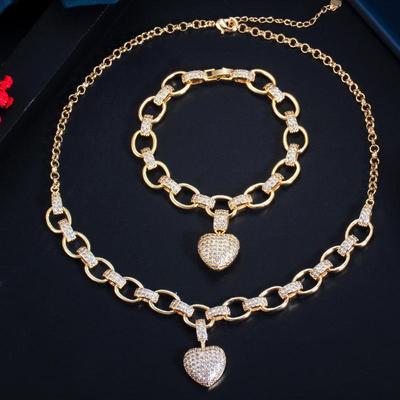 WWJ 2PCS Luxury Yellow Golden Color Love Heart Pendant Necklace Bracelet Sets