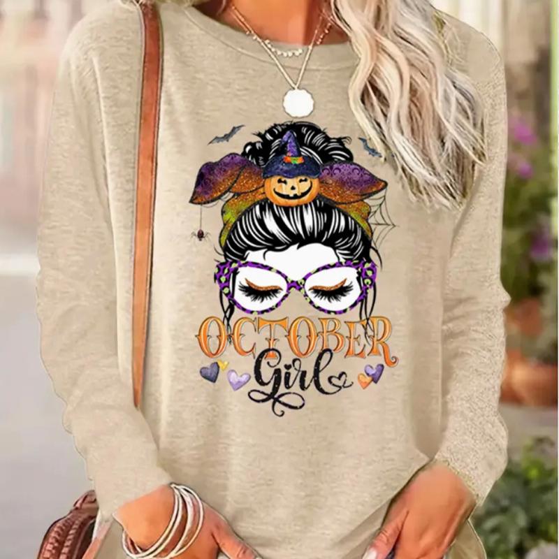 

Топы для женщин Хэллоуин Девушка Аватар Принт Круглый вырез Длинный рукав Футболка Осенний повседневный тонкий пуловер Женский длинный рукав Топ 8XL жёлтый