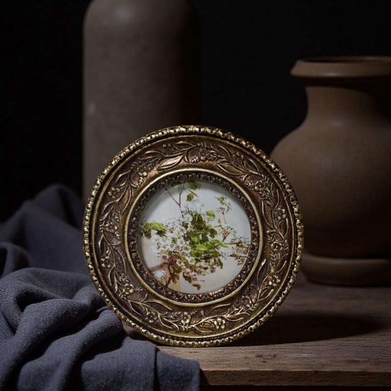Elegant Resin Circular Picture Frame Antique Design Bronze Carving Photo Frame For Home Decoration And Tabletop Display