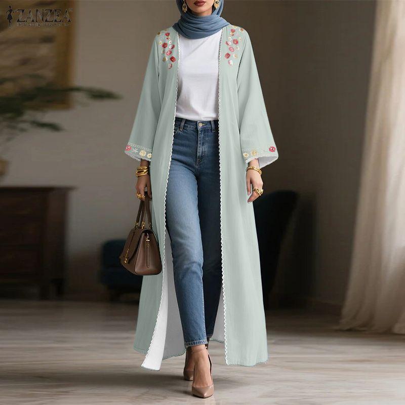 ZANZEA Damen Blumenmuster Locker Lässig Langarm Langer Cardigan Bluse