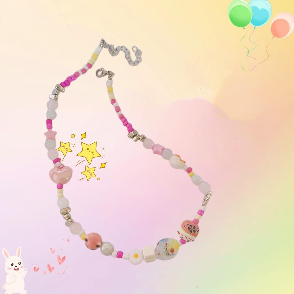 Colored Candy Beaded Necklace Girl Sweet Girl Pink Star Love Pendant Collarbone Chain