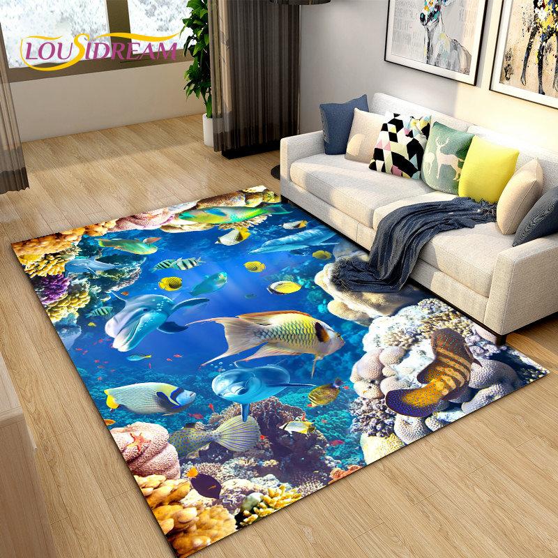 3D Seabed Illusion Underwater World Dolphin Shark Area Rug,Carpet Rug for Living Room Bedroom Sofa Doormat,Non-slip Floor Mat