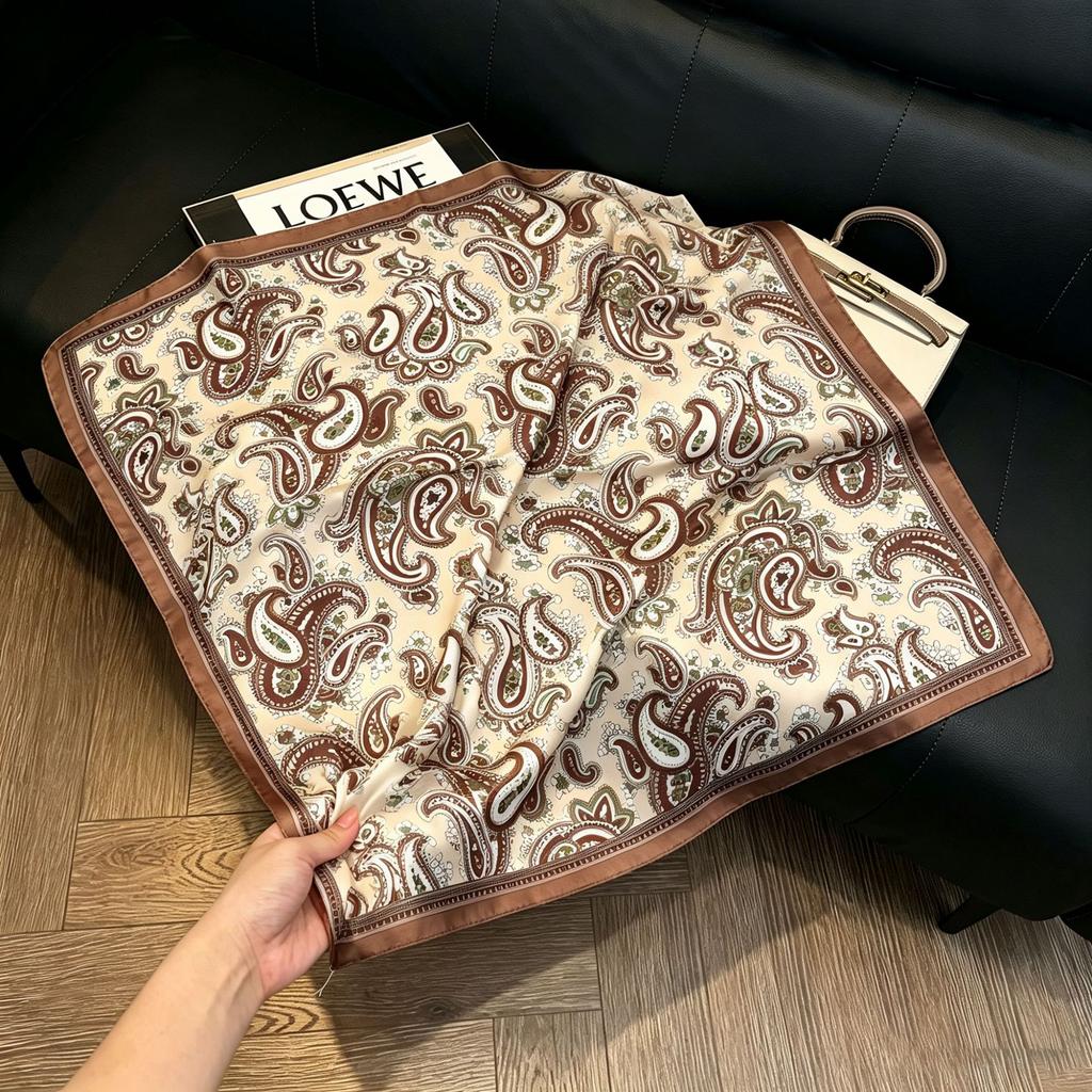 71Cm New Chinese Simulation Silk Square Scarf Soft and Skin-friendly Ink Flower Rhyme Printing Silk Scarf Neck Sunscreen Small Scarf