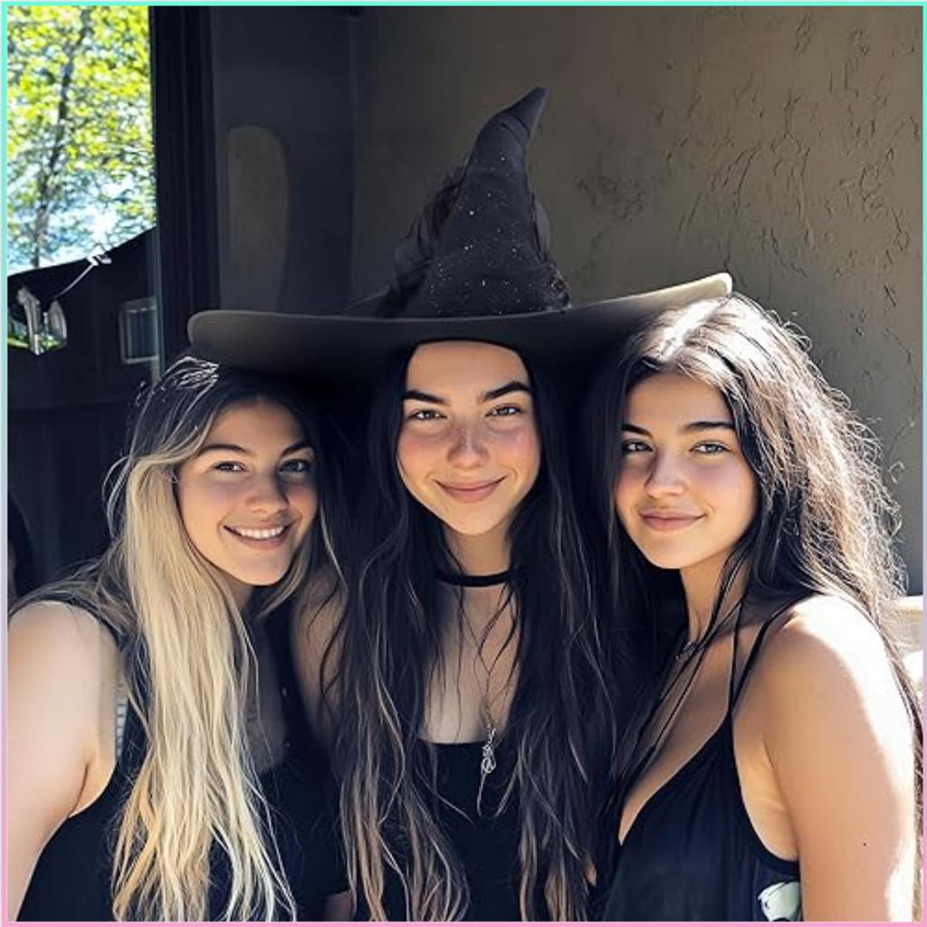 Large Witch Hat with Star Mesh Overlay and Extended Velvet Brim Adjustable Size Halloween Costume Accessory for Adults and Teens