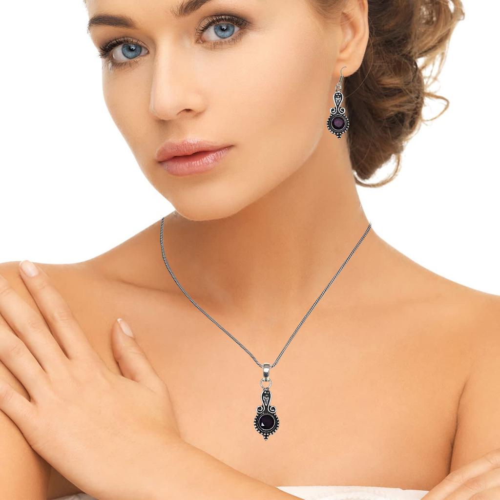 Set Amethyst Pendant Earrings Girls Earring Necklace Sterling