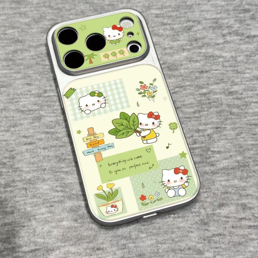 Green Hello Kitty Compatible Phone Case for Apple 17 Pro Max with Silver Frame and Full Coverage