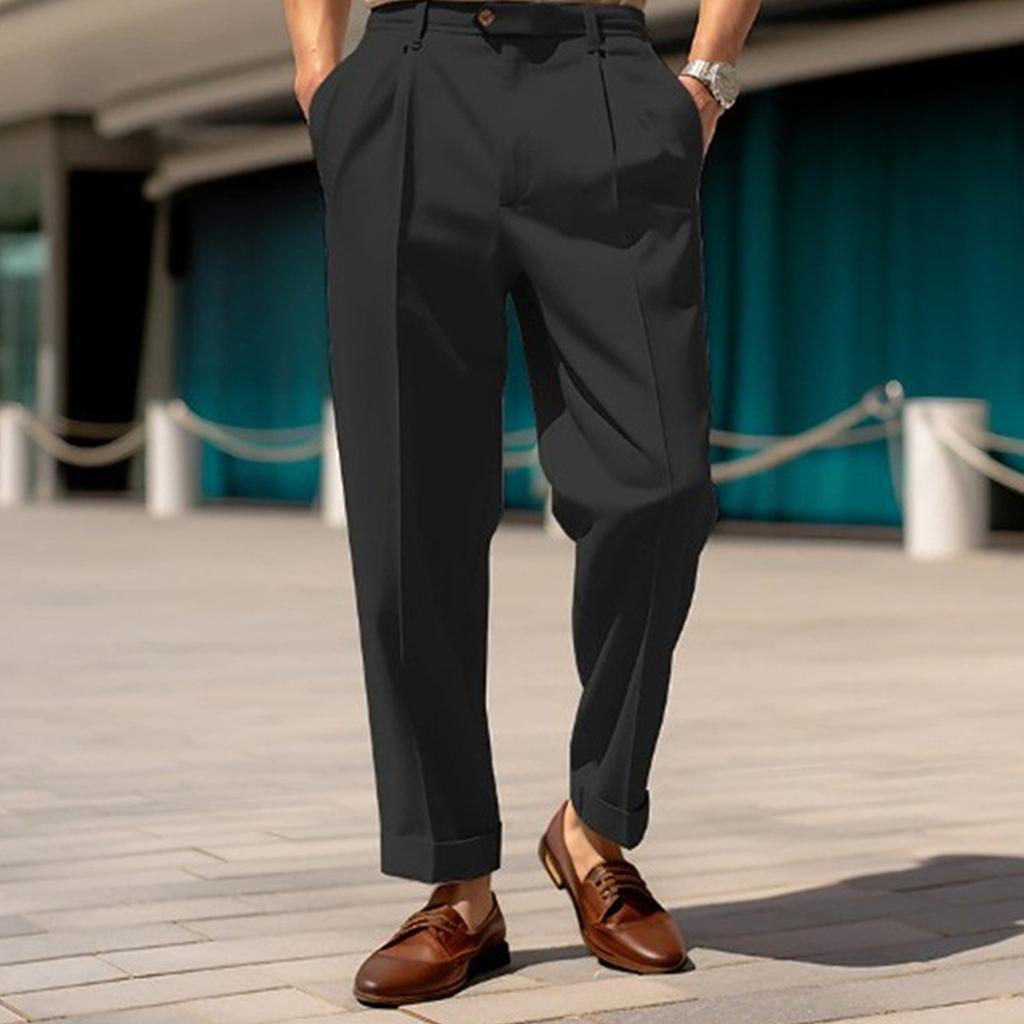 Men's Button Tapered Suit Pants Classic-Fit Pleated Dress Pant Lightweight Straight-Legs Men Trousers